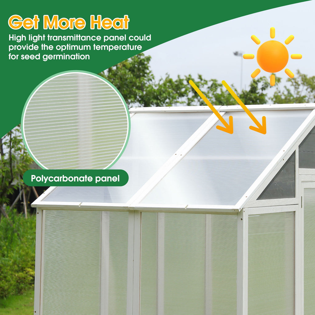 Greenhouse, Wooden Greenhouse Polycarbonate Garden Shed For Plants, Walk-In Outdoor Plant Gardening Greenhouse For Patio Backyard Lawn, Grow House With Front Entry Door - White / Gray