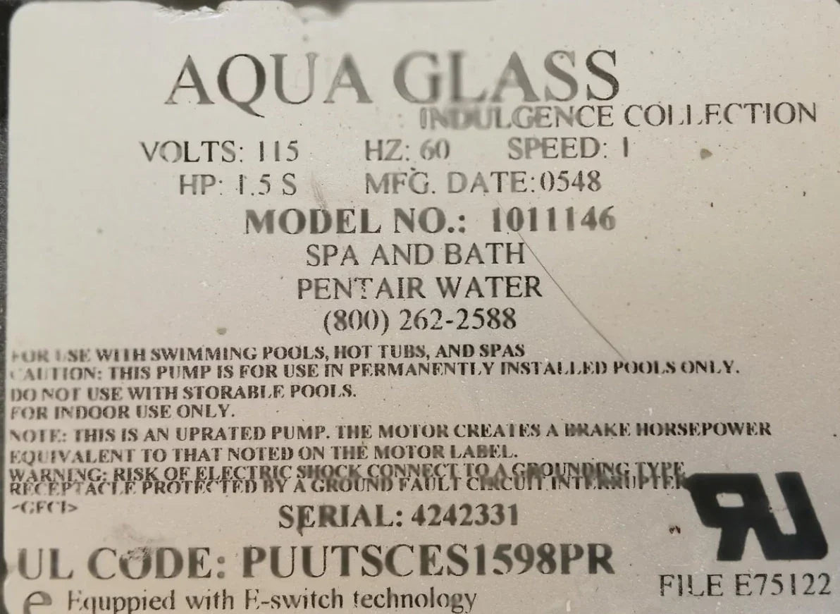 Aqua Glass PUUTSCES1598PR 9 amp Jetta Whirlpool Pump
